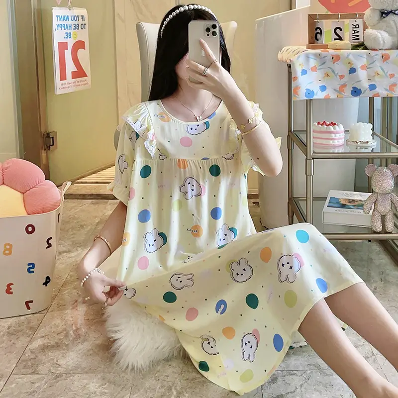 Women Cotton Silk Nightdress Light Blue Sweet Fresh Loose Pajamas