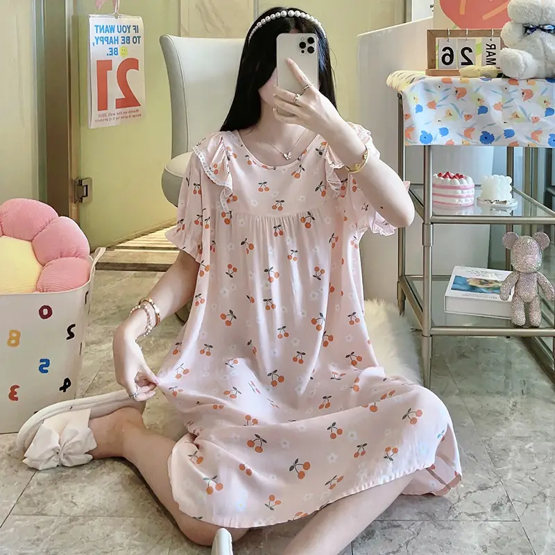 Women Cotton Silk Nightdress Light Blue Sweet Fresh Loose Pajamas