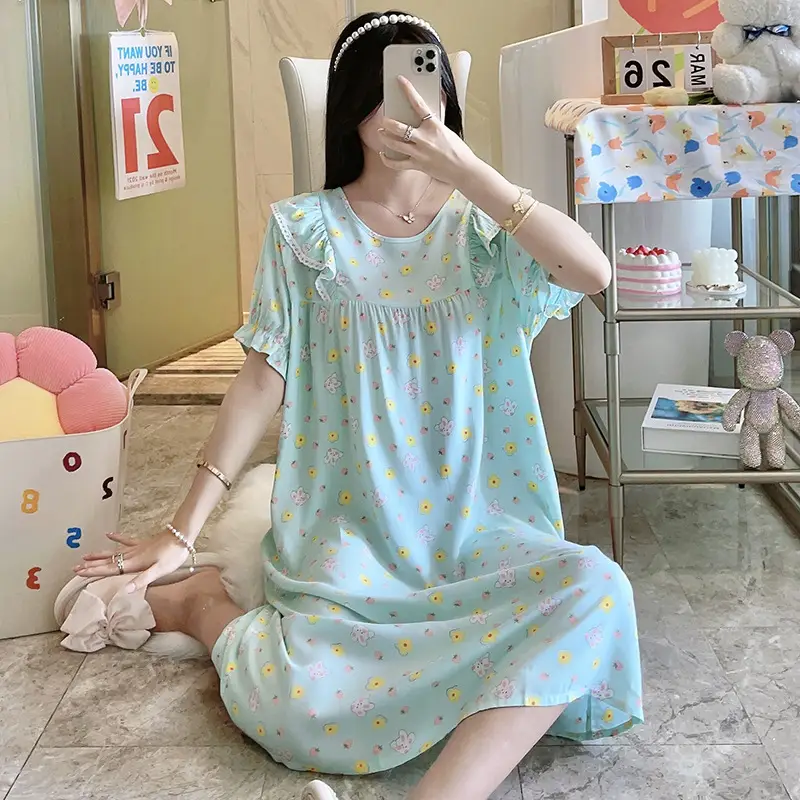 Women Cotton Silk Nightdress Light Blue Sweet Fresh Loose Pajamas