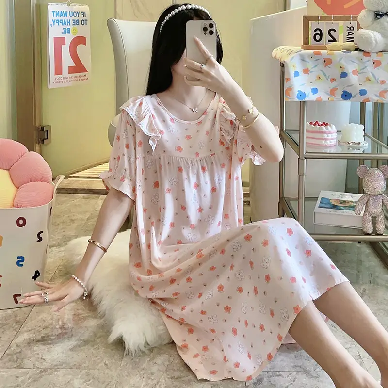Women Cotton Silk Nightdress Light Blue Sweet Fresh Loose Pajamas