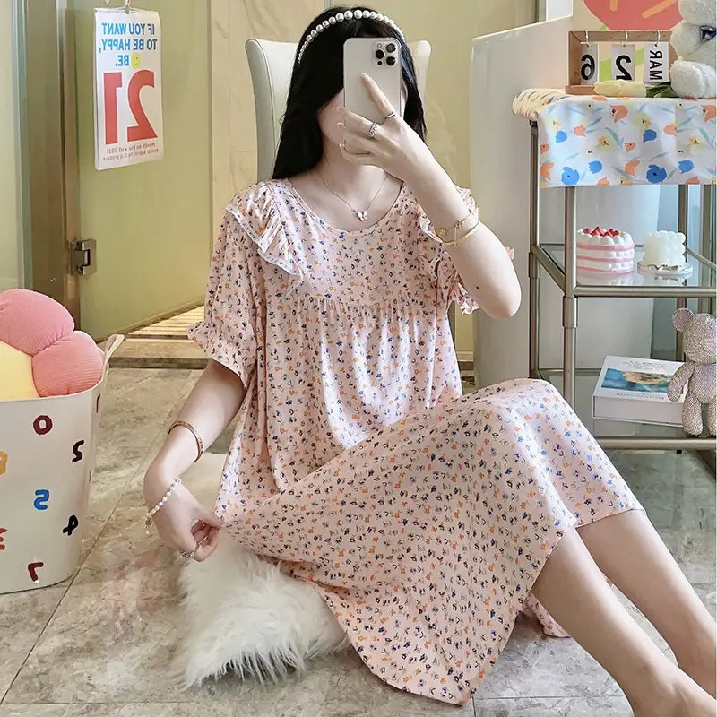 Women Cotton Silk Nightdress Light Blue Sweet Fresh Loose Pajamas