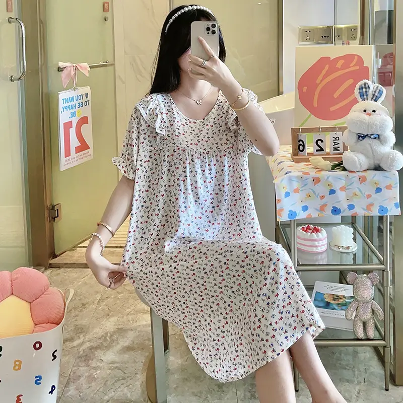 Women Cotton Silk Nightdress Light Blue Sweet Fresh Loose Pajamas