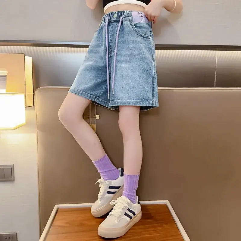 Girls' Denim Shorts Summer Thin 2025 New Medium and Large Kidsren's Elastic Five-Point Medium Pants Western Style Girls' Pants