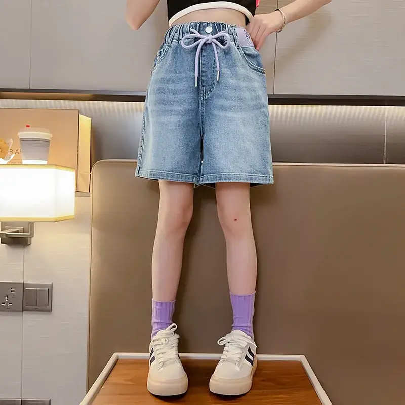 Girls' Denim Shorts Summer Thin 2025 New Medium and Large Kidsren's Elastic Five-Point Medium Pants Western Style Girls' Pants