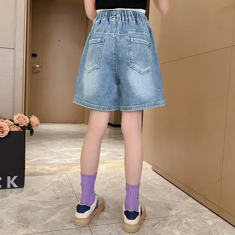 Girls' Denim Shorts Summer Thin 2025 New Medium and Large Kidsren's Elastic Five-Point Medium Pants Western Style Girls' Pants