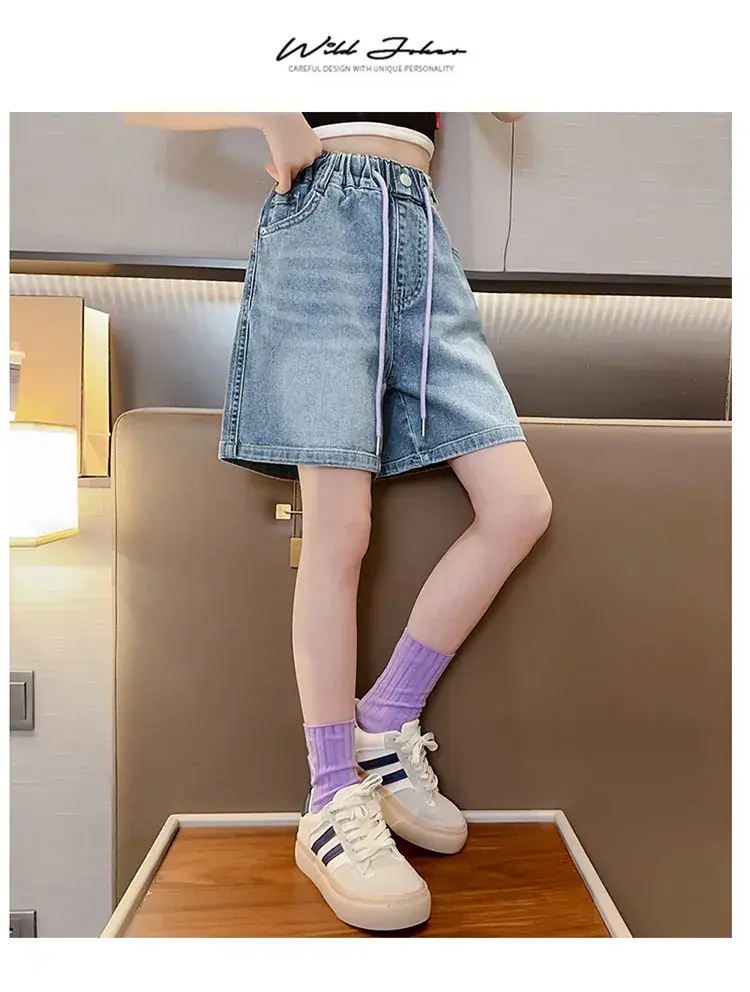 Girls' Denim Shorts Summer Thin 2025 New Medium and Large Kidsren's Elastic Five-Point Medium Pants Western Style Girls' Pants — feature 10