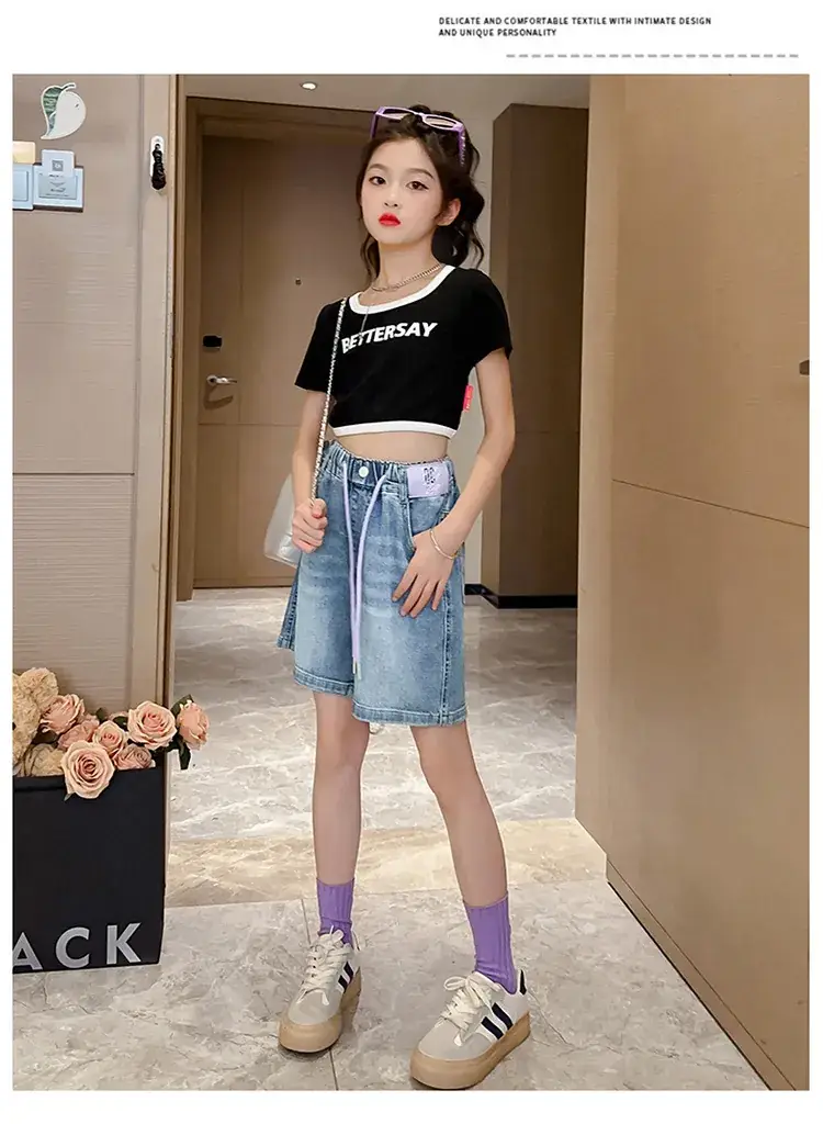 Girls' Denim Shorts Summer Thin 2025 New Medium and Large Kidsren's Elastic Five-Point Medium Pants Western Style Girls' Pants — feature 12