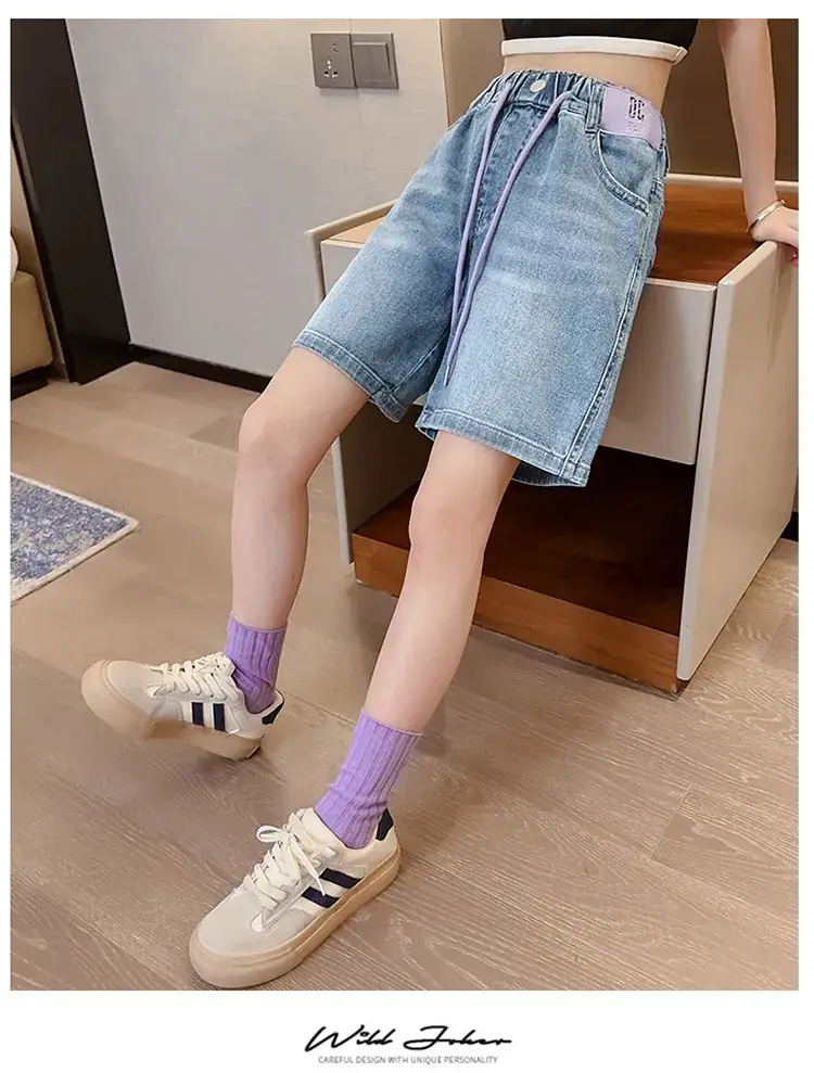 Girls' Denim Shorts Summer Thin 2025 New Medium and Large Kidsren's Elastic Five-Point Medium Pants Western Style Girls' Pants — feature 14