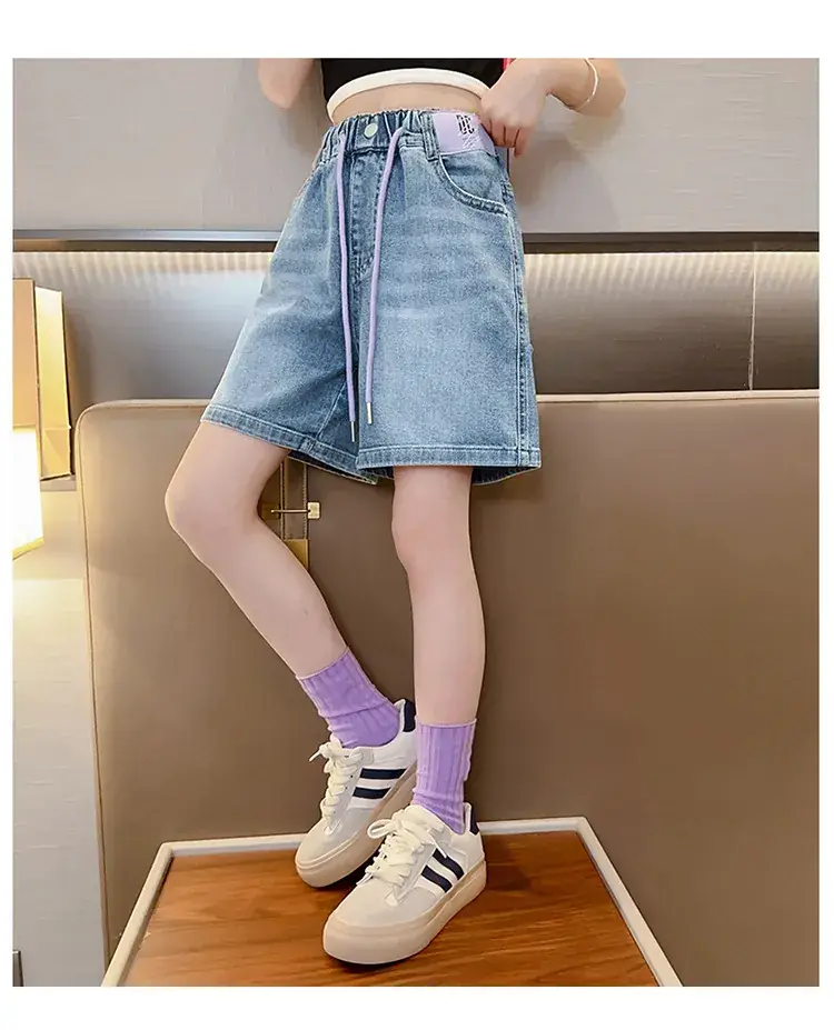 Girls' Denim Shorts Summer Thin 2025 New Medium and Large Kidsren's Elastic Five-Point Medium Pants Western Style Girls' Pants — feature 15
