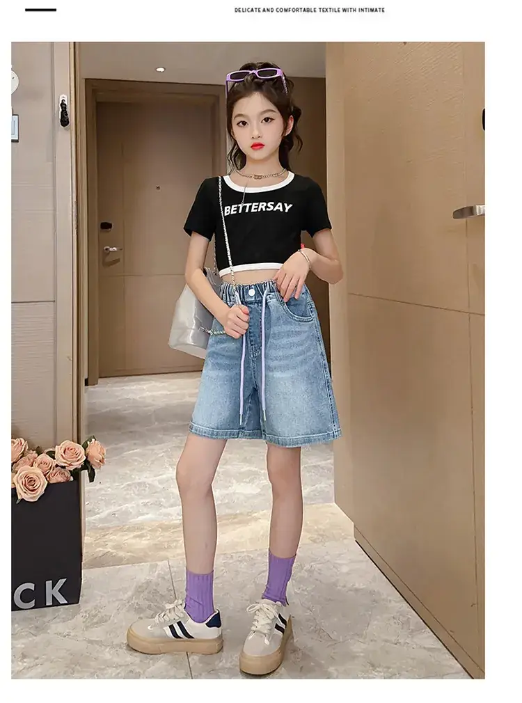 Girls' Denim Shorts Summer Thin 2025 New Medium and Large Kidsren's Elastic Five-Point Medium Pants Western Style Girls' Pants — feature 16