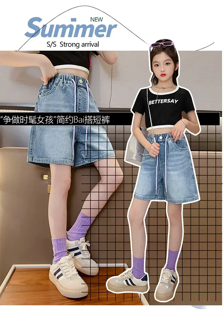 Girls' Denim Shorts Summer Thin 2025 New Medium and Large Kidsren's Elastic Five-Point Medium Pants Western Style Girls' Pants — feature 2