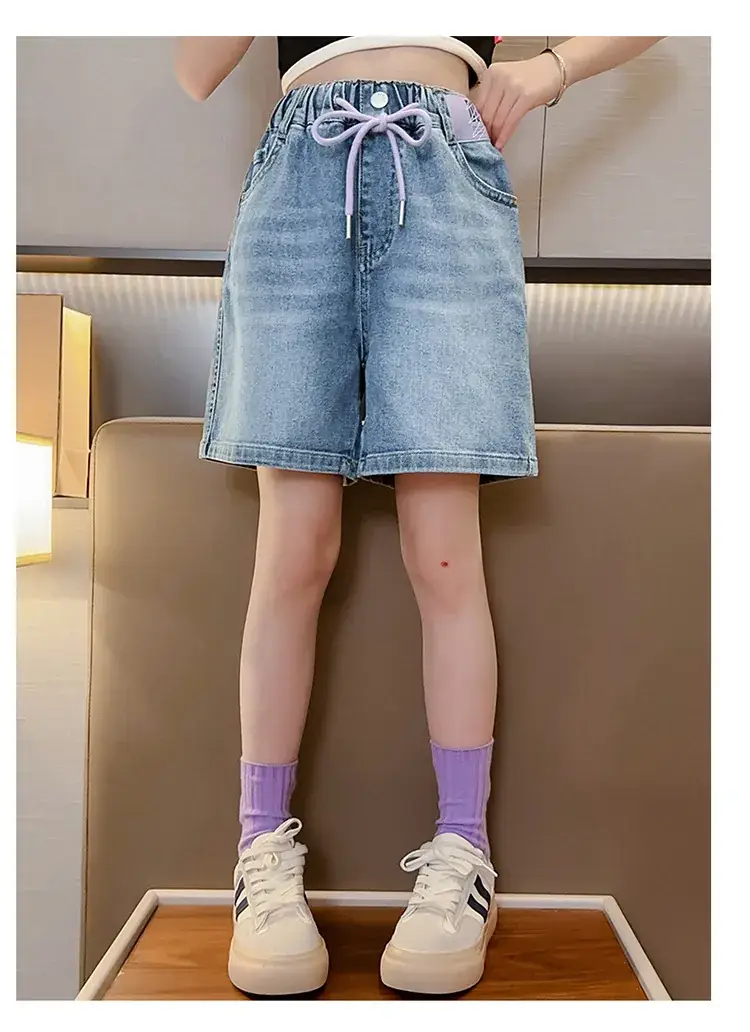 Girls' Denim Shorts Summer Thin 2025 New Medium and Large Kidsren's Elastic Five-Point Medium Pants Western Style Girls' Pants — feature 8