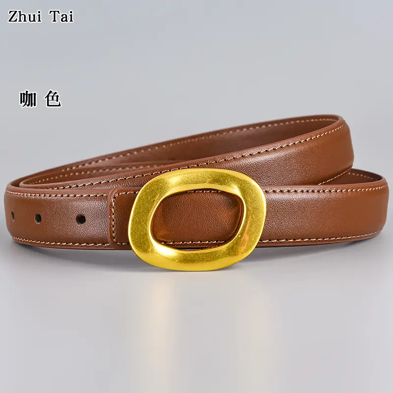 Brown Leather Belt with Gold Metal Buckle - Image 16