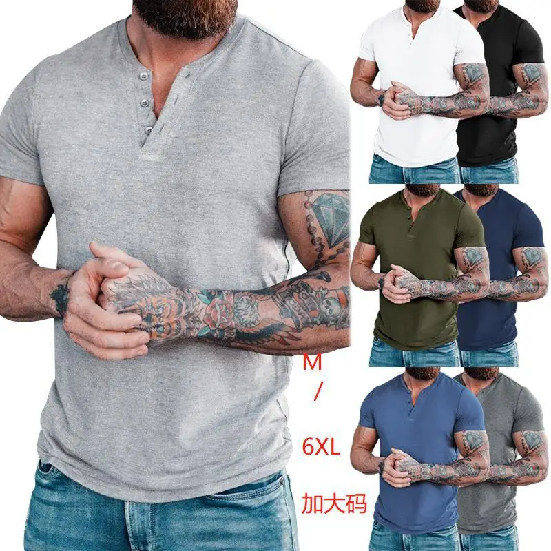 Men Blue Button Henley T-Shirt Short Sleeve Round Neck