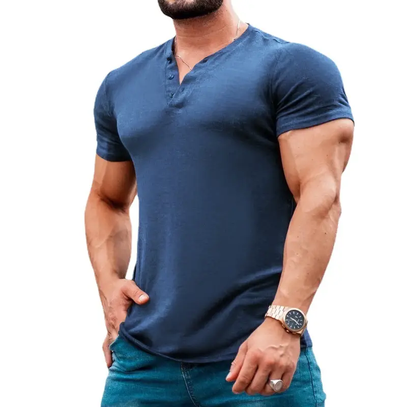 Men Blue Button Henley T-Shirt Short Sleeve Round Neck