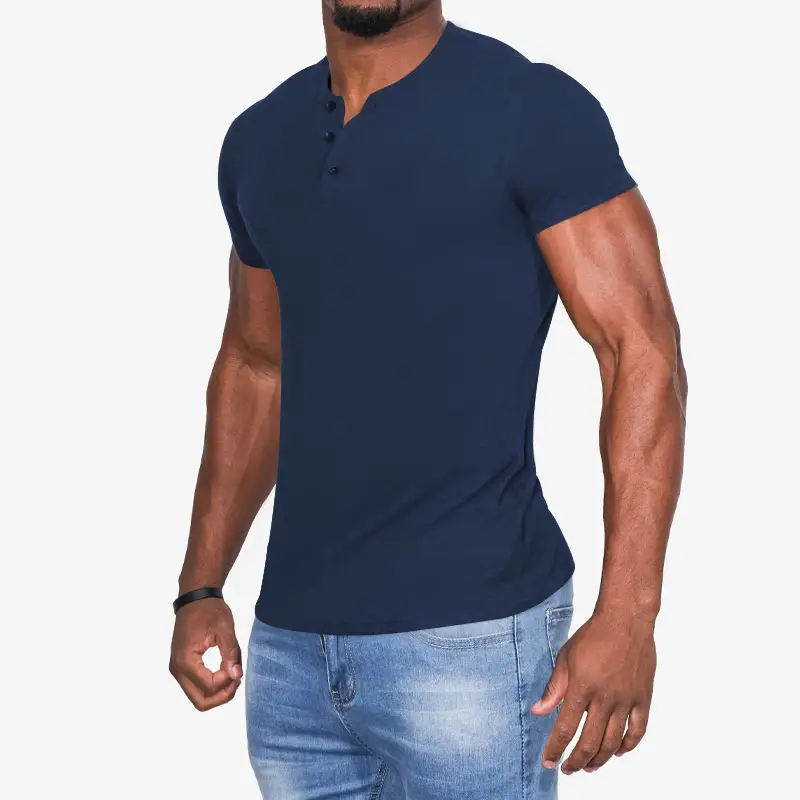 Men Blue Button Henley T-Shirt Short Sleeve Round Neck — feature 23
