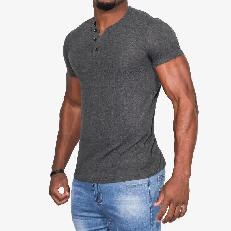 Men Blue Button Henley T-Shirt Short Sleeve Round Neck — feature 40