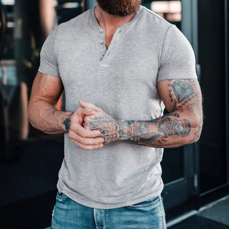 Men Blue Button Henley T-Shirt Short Sleeve Round Neck — feature 5