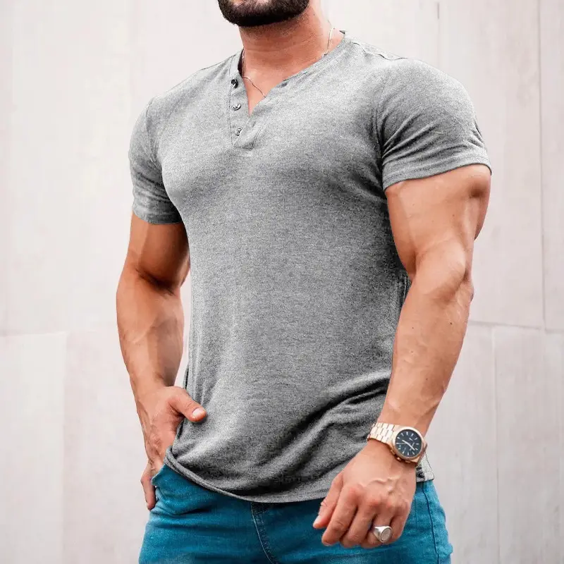 Men Blue Button Henley T-Shirt Short Sleeve Round Neck — feature 6