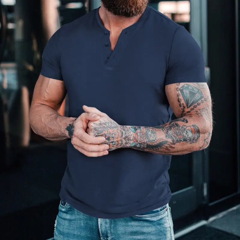 Men Blue Button Henley T-Shirt Short Sleeve Round Neck