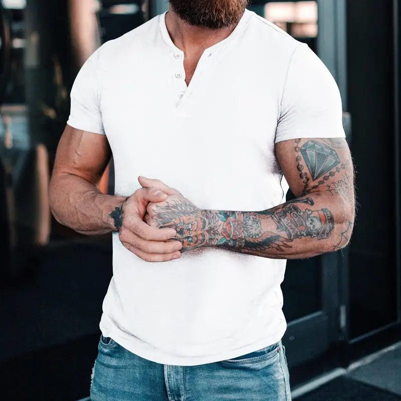 Men Blue Button Henley T-Shirt Short Sleeve Round Neck