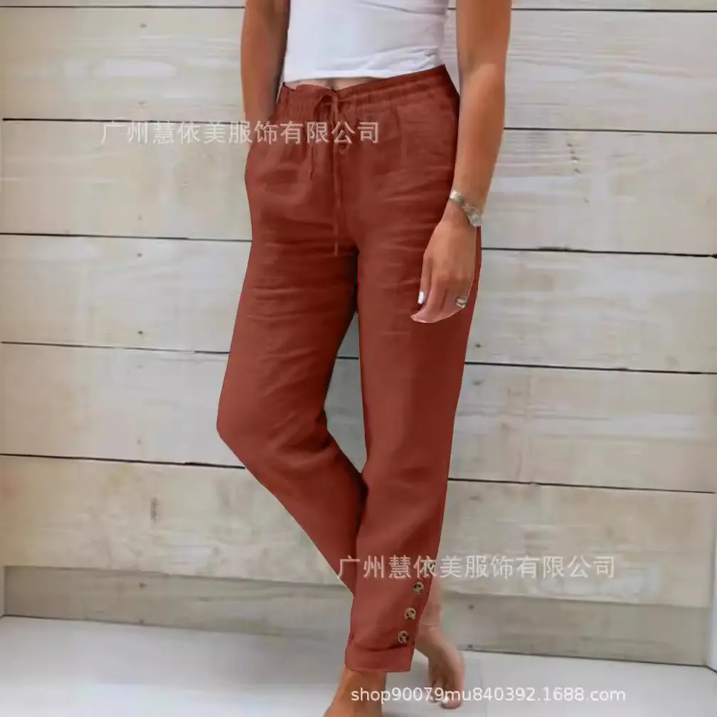 Women Cotton Elastic Waist Casual Pants Light Blue 2023 - Image 8