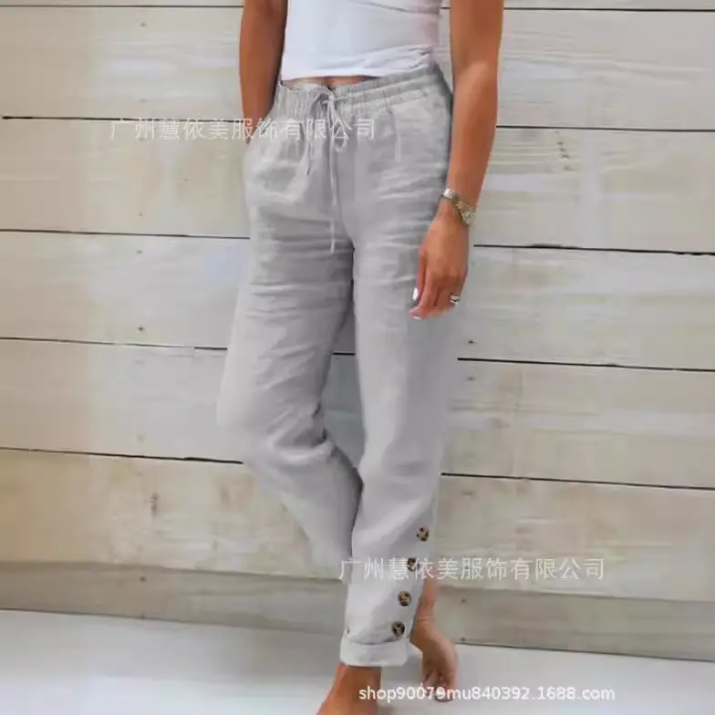 Women Cotton Elastic Waist Casual Pants Light Blue 2023 - Image 10