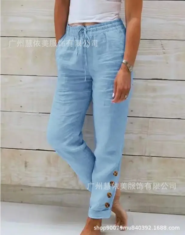 Women Cotton Elastic Waist Casual Pants Light Blue 2023 — feature 1