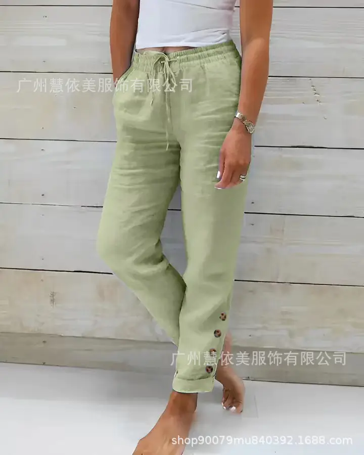 Women Cotton Elastic Waist Casual Pants Light Blue 2023 — feature 3