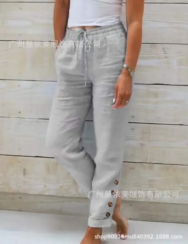 Women Cotton Elastic Waist Casual Pants Light Blue 2023 — feature 4