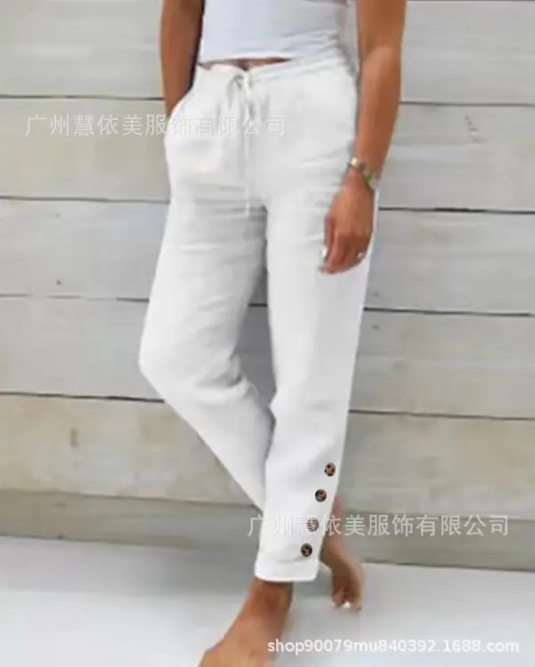 Women Cotton Elastic Waist Casual Pants Light Blue 2023 — feature 5