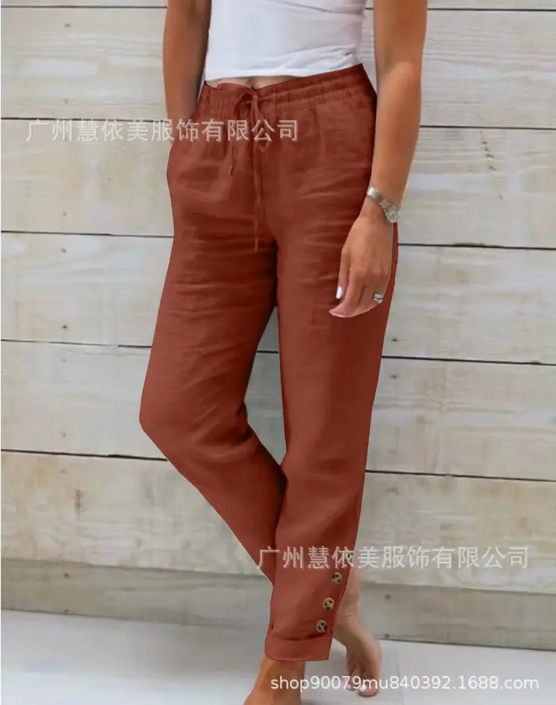 Women Cotton Elastic Waist Casual Pants Light Blue 2023 — feature 6