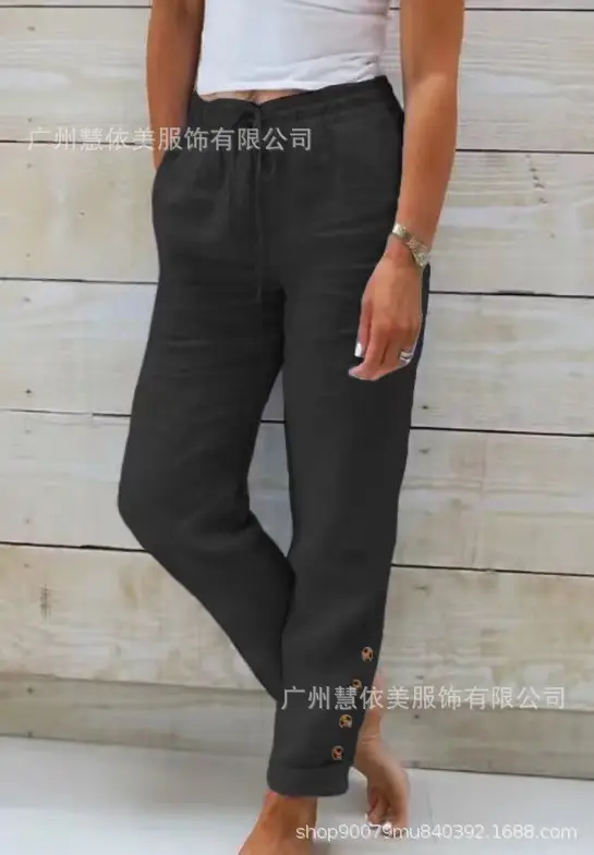 Women Cotton Elastic Waist Casual Pants Light Blue 2023 - Image 4