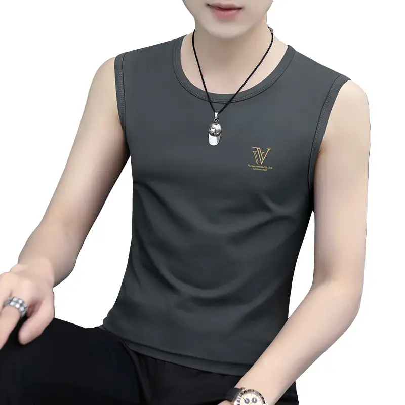 Men's Black Ice Silk Sleeveless Vest with Wide Waistcoat