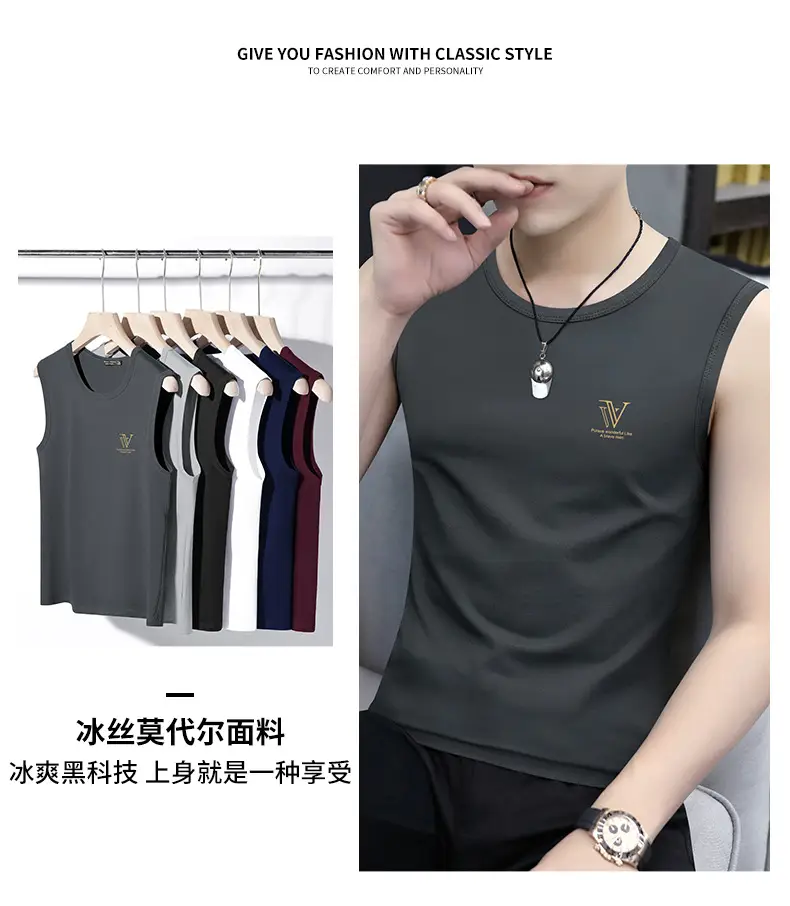 Men's Black Ice Silk Sleeveless Vest with Wide Waistcoat — feature 19