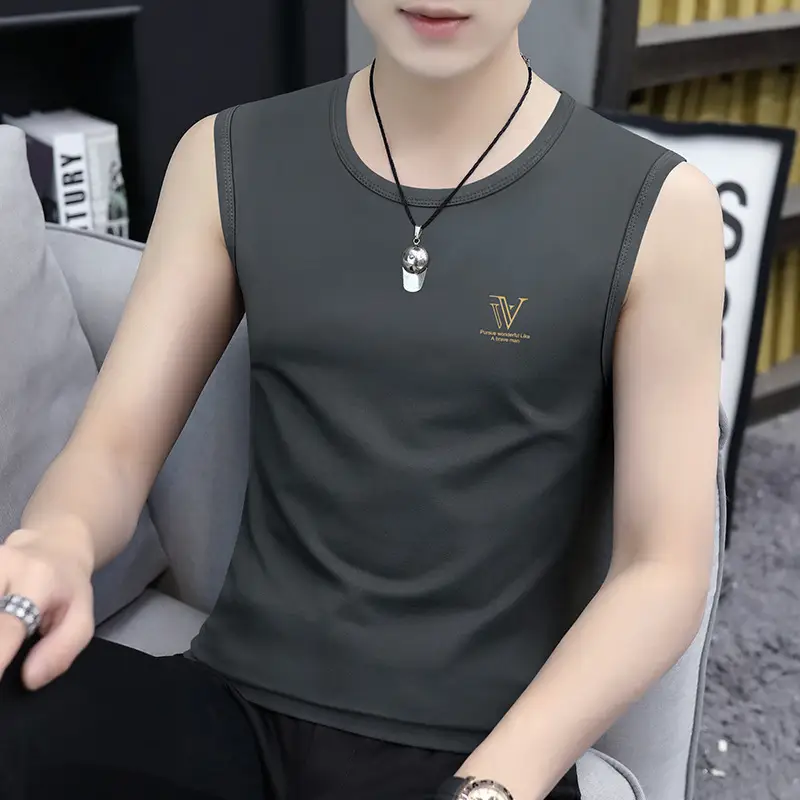 Men's Black Ice Silk Sleeveless Vest with Wide Waistcoat