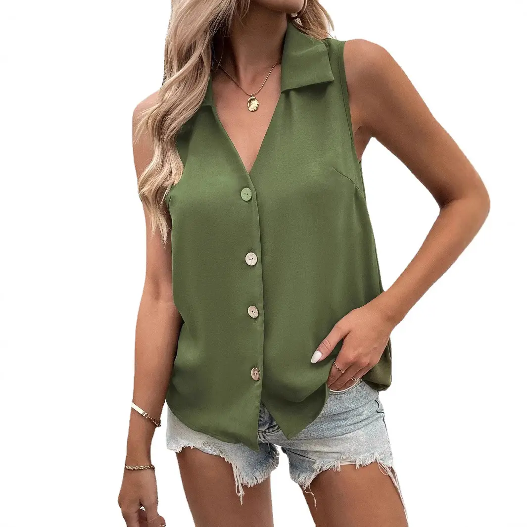 Black V-Neck Sleeveless Button Vest Shirt for Women - Image 7
