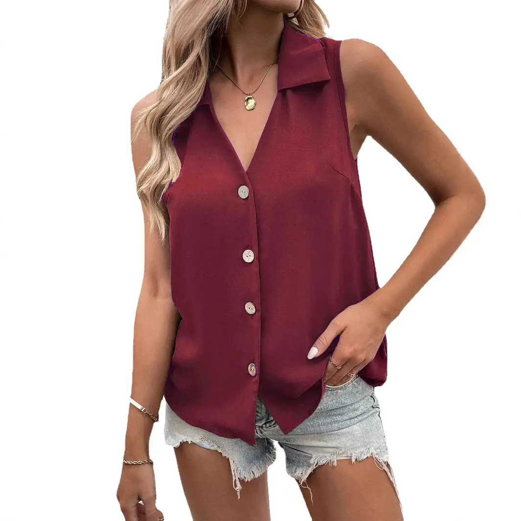 Black V-Neck Sleeveless Button Vest Shirt for Women - Image 8
