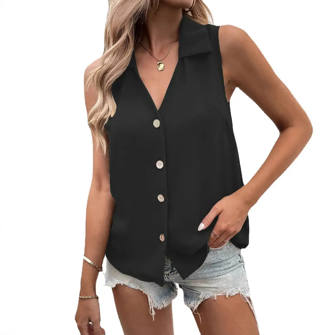 Black V-Neck Sleeveless Button Vest Shirt for Women - Image 9