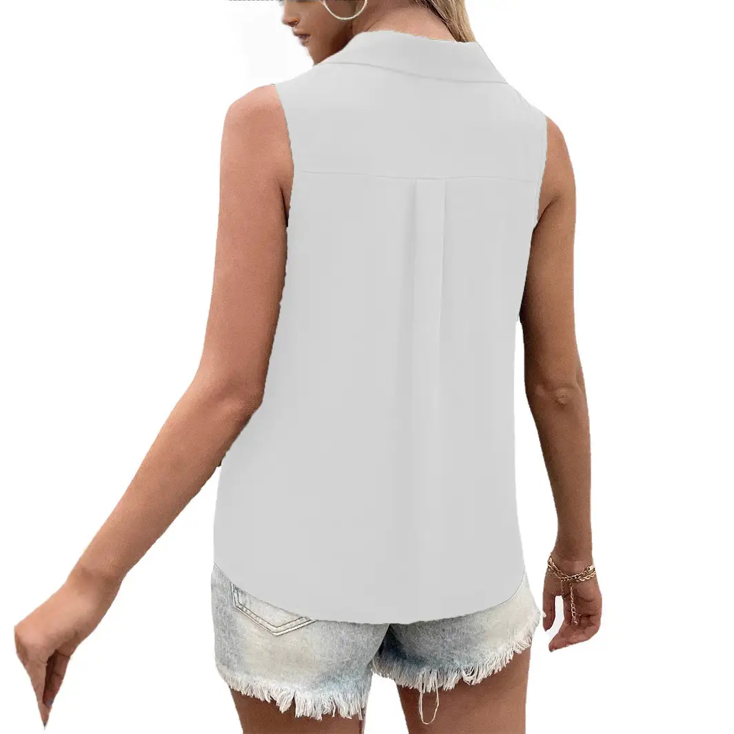 Black V-Neck Sleeveless Button Vest Shirt for Women - Image 10