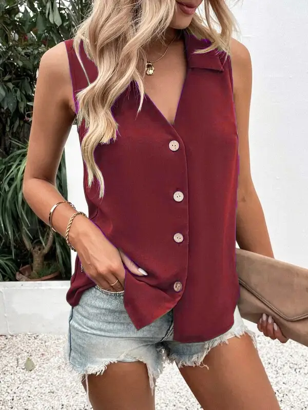 Black V-Neck Sleeveless Button Vest Shirt for Women - Image 3