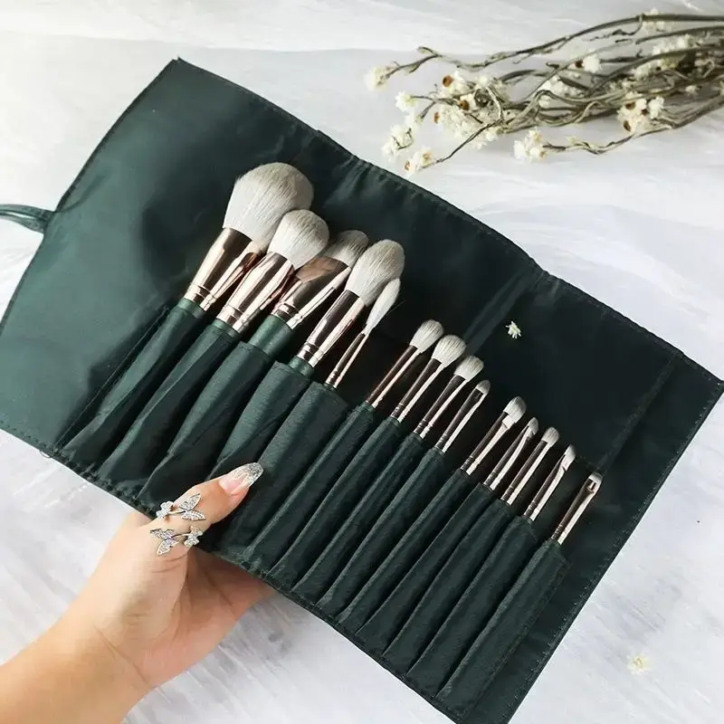 14 Piece Green Makeup Brush Set for Beginners