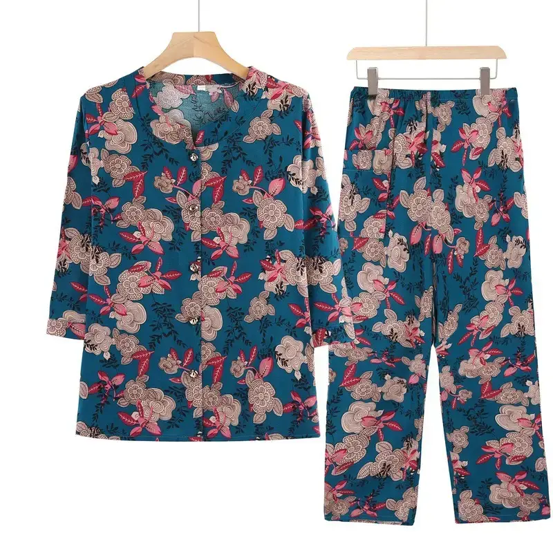 Elderly Women's Blue Paisley Suit Cotton Silk 3Pc Set