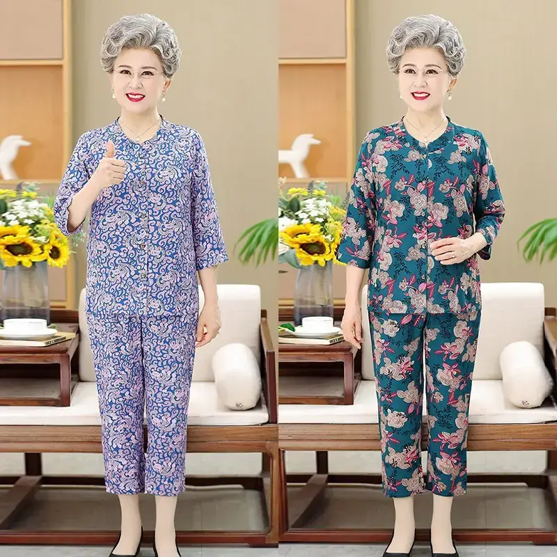 Elderly Women's Blue Paisley Suit Cotton Silk 3Pc Set - Image 6