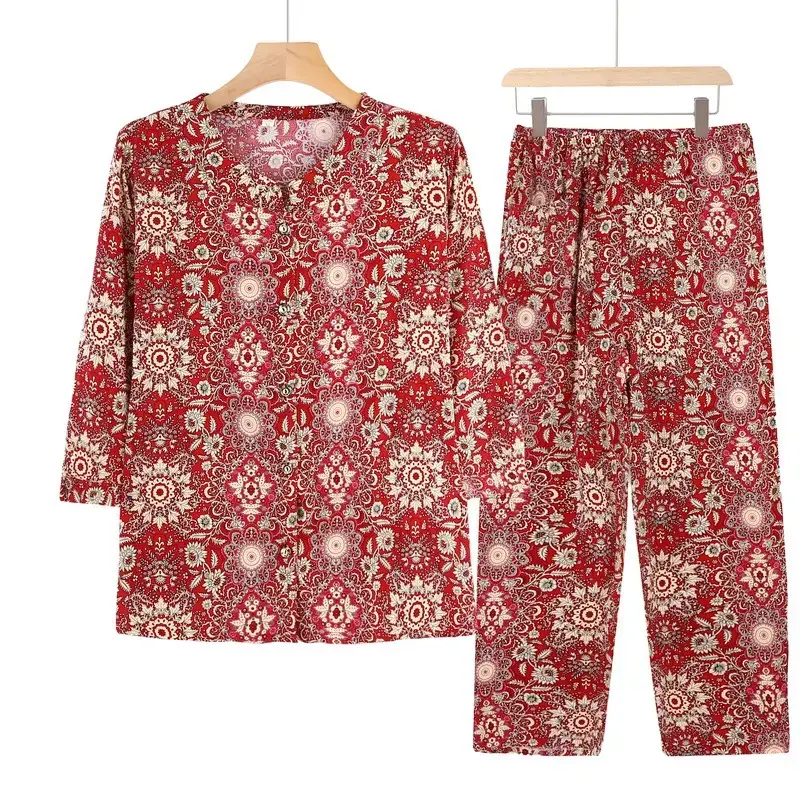 Elderly Women's Blue Paisley Suit Cotton Silk 3Pc Set - Image 8