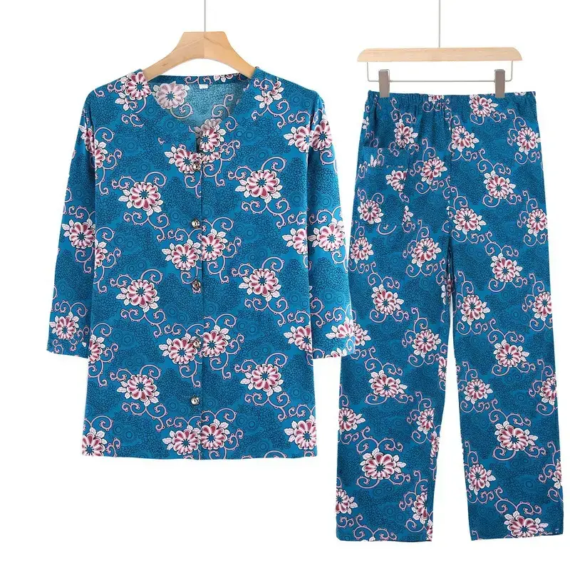 Elderly Women's Blue Paisley Suit Cotton Silk 3Pc Set - Image 9