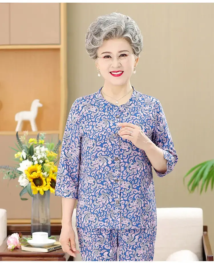 Elderly Women's Blue Paisley Suit Cotton Silk 3Pc Set — feature 11