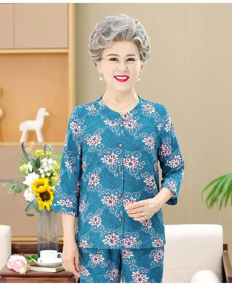 Elderly Women's Blue Paisley Suit Cotton Silk 3Pc Set — feature 14