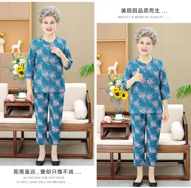 Elderly Women's Blue Paisley Suit Cotton Silk 3Pc Set — feature 15