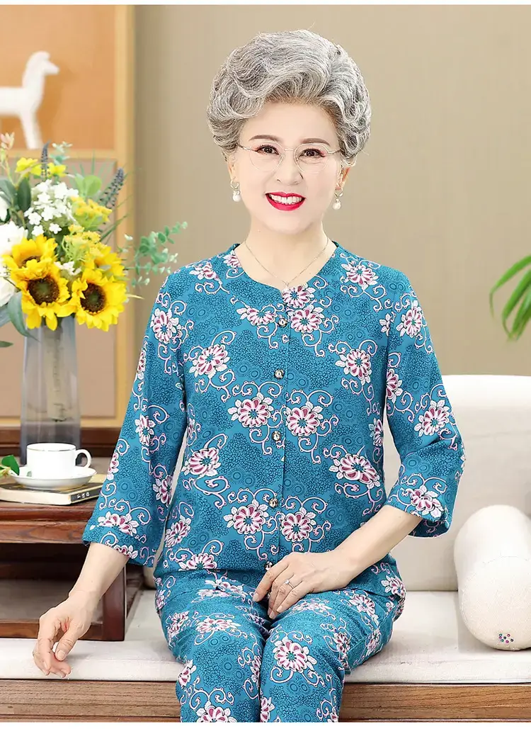 Elderly Women's Blue Paisley Suit Cotton Silk 3Pc Set — feature 16